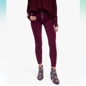 Free People Reagan Crop Skinny Corduroy Jeans‎ 26 Plum Purple Button Fly Raw Hem